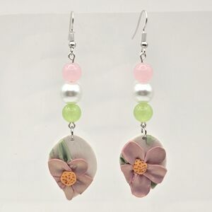 #B86- Chic Floral Drop Earrings with Pink and Green Accents